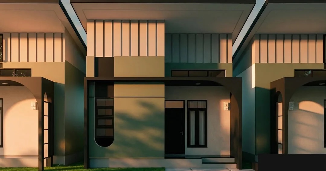 Fasad rumah Tipe 36 Ardhora Living Nusantara dengan carport melengkung dan kisi vertikal