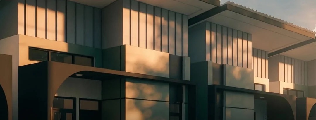 Fasad rumah modern minimalis Ardhora Living tersinari cahaya senja