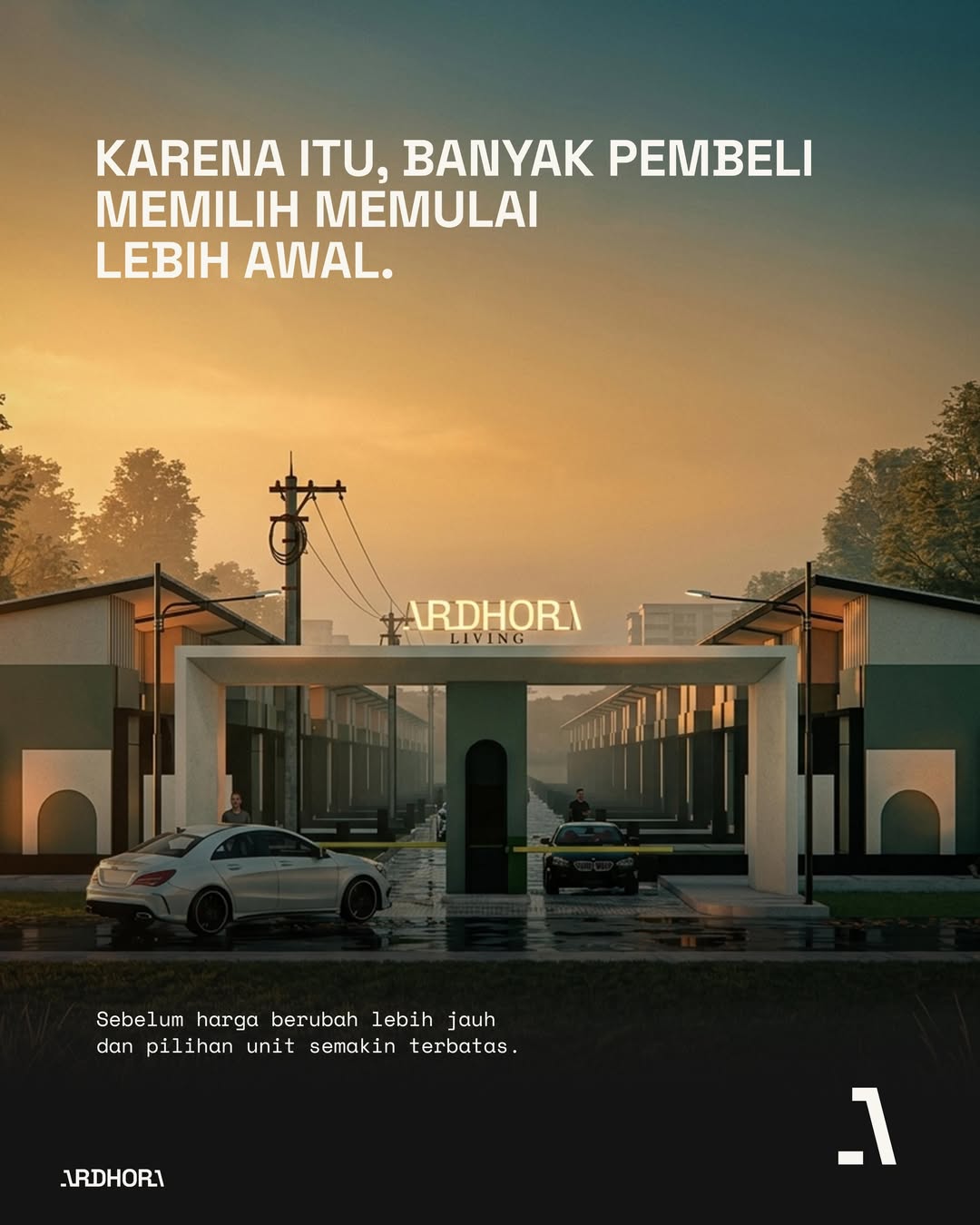 Gerbang masuk Ardhora Living saat senja